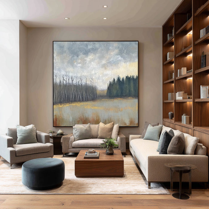 Woodland Solitude modern landscape painting with quiet forest depth