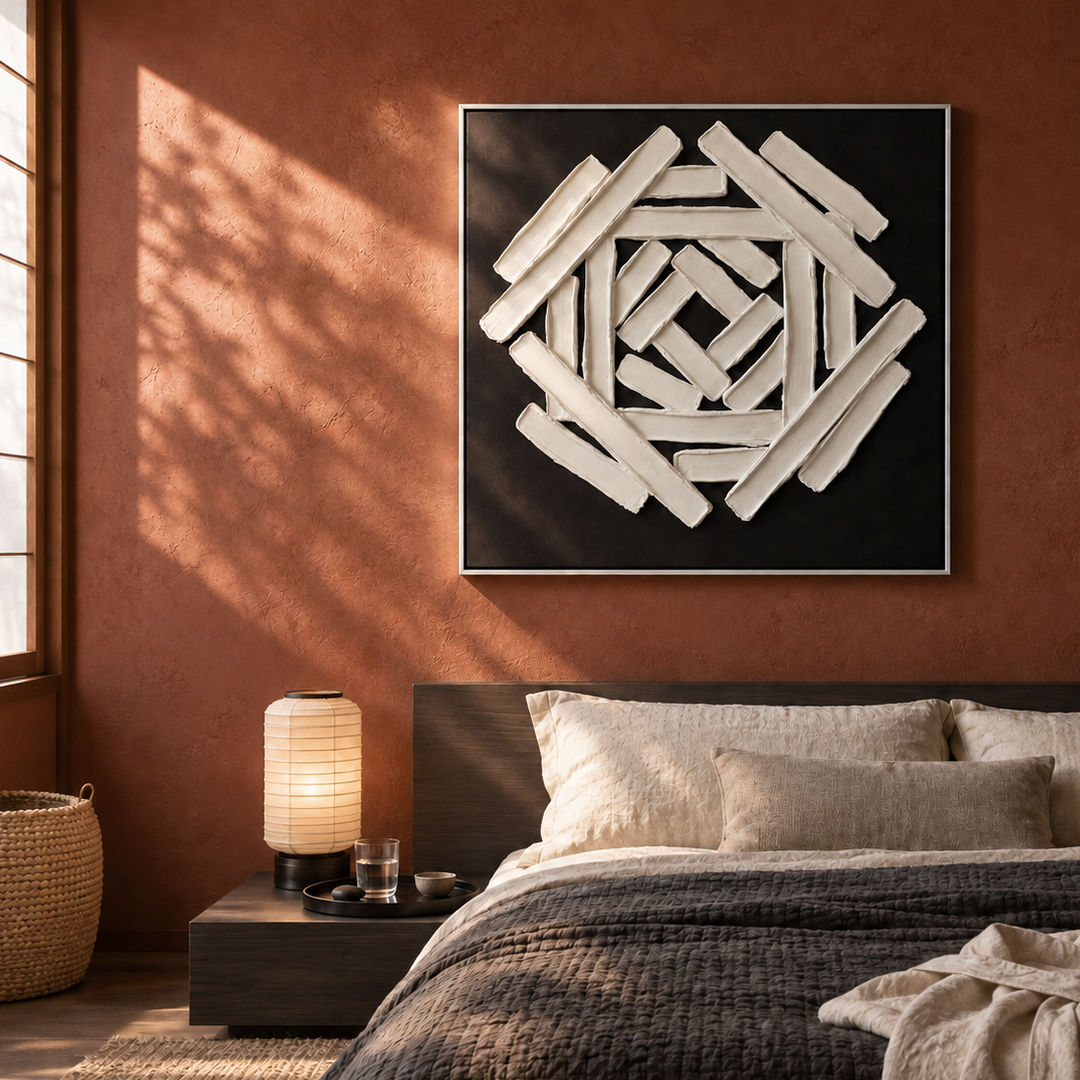 black and white sculptural wall art with interlocking geometric bars in a coordinated modern interior
