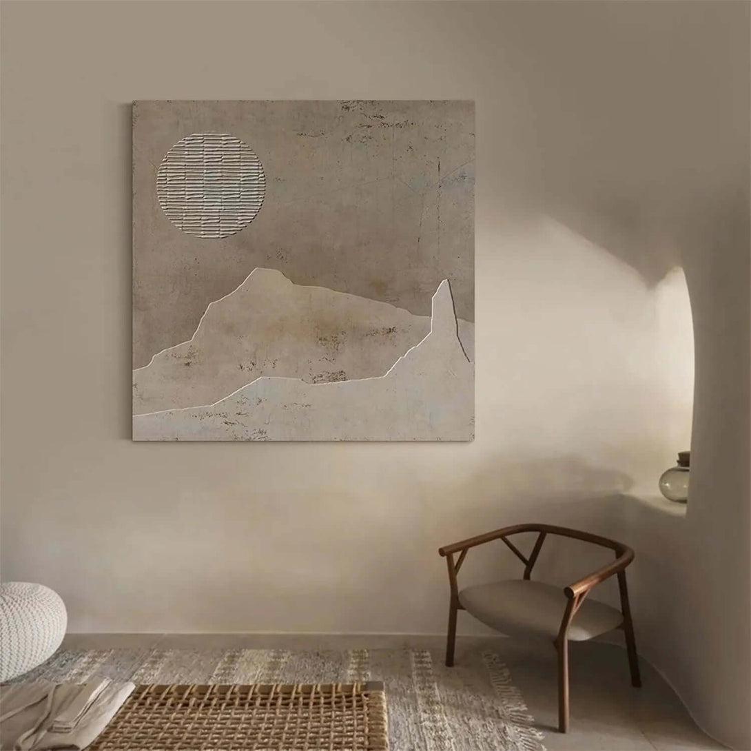 Modern Beige Textured Canvas Painting - Japandi Style Wall Art with Minimal Zen Landscape Elements - Zen Land - Hues Art Lab