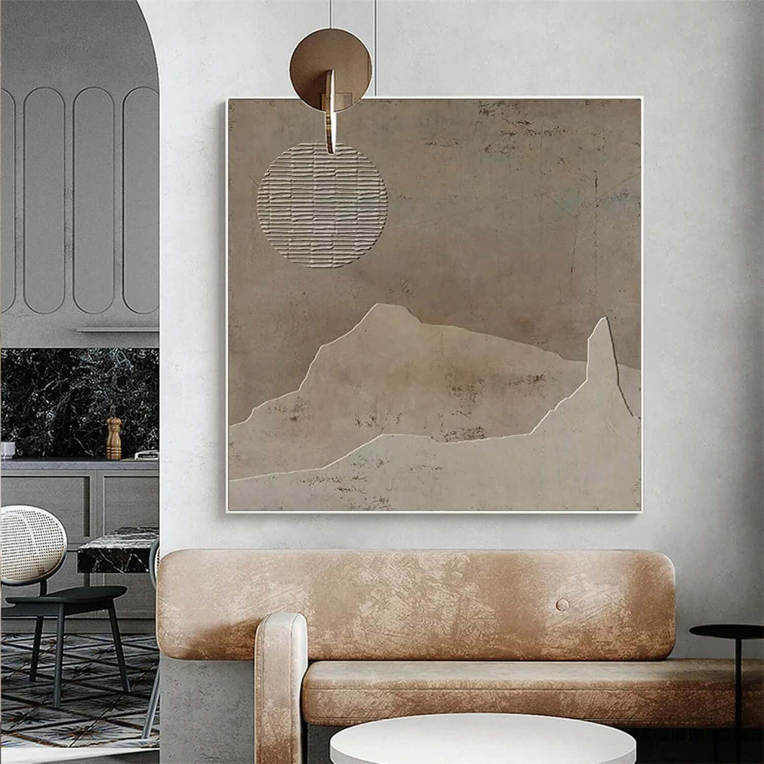 Modern Beige Textured Canvas Painting - Japandi Style Wall Art with Minimal Zen Landscape Elements - Zen Land - Hues Art Lab