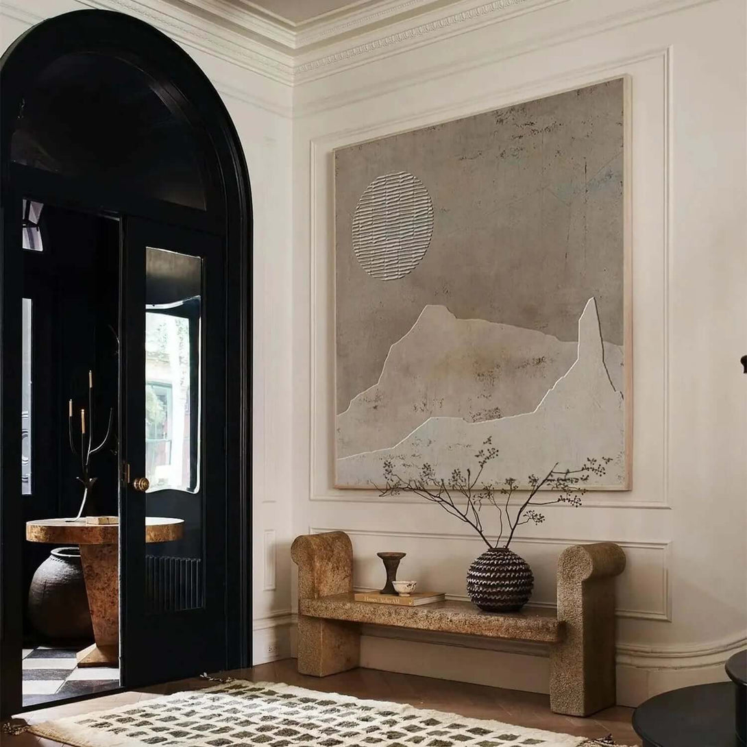 Modern Beige Textured Canvas Painting - Japandi Style Wall Art with Minimal Zen Landscape Elements - Zen Land - Hues Art Lab